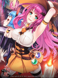 Rule 34 | 2girls, armlet, armpits, bare shoulders, bat hair ornament, bell, blue eyes, blue hair, breasts, collar, corset, frills, furyou michi ~gang road~, hair ornament, halloween, hat, jack-o&#039;-lantern, large breasts, long hair, mana (remana), multiple girls, neck bell, official art, original, parted lips, pink hair, potion, red eyes, short hair, skirt, striped clothes, striped legwear, striped thighhighs, thighhighs, witch, witch hat, yamanashi chihiro