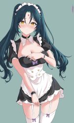 Rule 34 | 1girl, absurdres, alternate costume, beads, black dress, black nails, blue hair, blush, bracelet, breasts, coelbee, commentary, dress, earrings, english commentary, enmaided, facial mark, forehead mark, frilled dress, frills, garter straps, genderswap, genderswap (mtf), genshin impact, green background, highres, jewelry, large breasts, long hair, looking at viewer, maid, maid headdress, multicolored hair, nail polish, nose blush, short sleeves, signature, simple background, solo, thighhighs, twintails, white thighhighs, xiao (genshin impact), yellow eyes