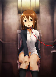Rule 34 | 1girl, bars, brown eyes, brown hair, chestnut mouth, cleft of venus, clothes pull, collar, female pubic hair, hair ornament, hairclip, hand on own knee, highres, hirasawa yui, k-on!, kaiga, leash, open mouth, panties, panty pull, pantyhose, pantyhose pull, pink panties, pubic hair, pussy, school uniform, short hair, sitting, solo, toilet, toilet paper, toilet use, uncensored, underwear, viewer holding leash, window