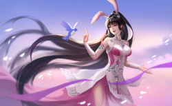 Rule 34 | 1girl, absurdres, animal ears, bird, blue bird, brown hair, clothing cutout, cloud, collar, douluo dalu, douluo dalu xiaowu zhuye, dress, falling petals, flying, hair ornament, highres, index finger raised, looking to the side, metal collar, petals, pink dress, ponytail, rabbit ears, second-party source, solo, upper body, xiao wu (douluo dalu)