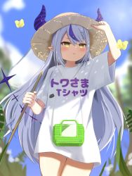 Rule 34 | black horns, blue sky, blush, braid, braided bangs, bug, bug hunting, butterfly, butterfly net, cowboy shot, demon girl, demon horns, grey hair, hand net, hand on headwear, hat, highres, holding, holding butterfly net, hololive, horns, horns through headwear, insect, la+ darknesss, long hair, multicolored hair, no pants, oversized clothes, oversized shirt, purple hair, purple horns, shading eyes, shirt, sky, straw hat, streaked hair, striped horns, summer, sun hat, sweat, t-shirt, tail, very long hair, virtual youtuber, white shirt, zote illust