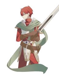 Rule 34 | 1boy, adol christin, armor, brown eyes, floating scarf, george man, highres, holding, holding sword, holding weapon, pauldrons, red hair, scarf, short hair, shoulder armor, simple background, solo, sword, transparent background, weapon, ys, ys iii wanderers of ys