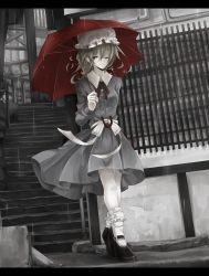 Rule 34 | 1girl, ankle socks, arm behind back, blonde hair, dress, greyscale, hat, high heels, highres, kuro ni, letterboxed, looking at viewer, maribel hearn, mary janes, mob cap, monochrome, muted color, one eye closed, railing, rain, shoes, short hair, smile, socks, solo, spot color, stairs, touhou, umbrella, wink