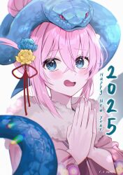 1girl 2025 absurdres alternate_costume blue_eyes blush bocchi_the_rock! chinese_zodiac commentary_request crossed_bangs fingernails floral_print floral_print_kimono flower fur-trimmed_kimono fur_trim gotoh_hitori hair_between_eyes hair_bun hair_flower hair_ornament happy_new_year highres japanese_clothes kimono long_hair long_sleeves new_year open_mouth own_hands_clasped own_hands_together pink_hair pink_kimono rounizm short_hair snake snake_on_head solo year_of_the_snake