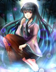 Rule 34 | 1girl, bad id, bad pixiv id, bamboo, bamboo forest, barefoot, black hair, female focus, forest, full moon, hime cut, hizagawa rau, houraisan kaguya, japanese clothes, long hair, moon, nature, red eyes, solo, suino, touhou