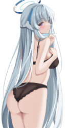 Rule 34 | 1girl, ass, black bra, black panties, blue archive, blush, bra, closed mouth, commentary, cowboy shot, from behind, halo, hand on own chest, hand up, highres, index finger raised, light green hair, long hair, looking at viewer, mokkon doru, noa (blue archive), panties, purple eyes, simple background, solo, standing, underwear, underwear only, very long hair, wedgie, white background