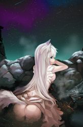 Rule 34 | 1girl, animal ears, ass, blue eyes, breasts, long hair, looking at viewer, night, onsen, original, outdoors, partially submerged, reflection, saryuu (iriomote), shooting star, sky, solo, star (sky), starry sky, tail, white hair, wolf ears, wolf girl, wolf tail