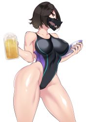 Rule 34 | 1girl, absurdres, alcohol, ass, bad id, bad pixiv id, bare shoulders, beer, black hair, black legwear, breasts, brown eyes, competition swimsuit, covered erect nipples, covered navel, highleg, highleg swimsuit, highres, large breasts, looking at viewer, mask, mouth mask, one-piece swimsuit, original, short hair, solo, swimsuit, transparent background, tray, volyz