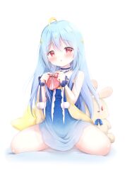 Rule 34 | 1girl, ahoge, bare shoulders, bed sheet, blonde hair, blue dress, blue hair, box, commentary, copyright request, criss-cross halter, dress, english commentary, gift, gift box, hair between eyes, hair ornament, halterneck, hands up, heart-shaped box, highres, holding, holding gift, red eyes, renew vivi, simple background, sitting, solo, star (symbol), star hair ornament, stuffed animal, stuffed rabbit, stuffed toy, valentine, virtual youtuber, wariza, white background, wrist cuffs