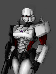 Rule 34 | 1girl, absurdres, arm cannon, commentary, crossed legs, decepticon, english commentary, f15se cathy, genderswap, genderswap (mtf), grey background, highres, looking at viewer, mecha, megatron, red eyes, robot, solo, transformers, weapon
