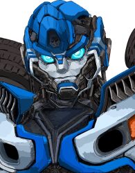 Rule 34 | autobot, blue eyes, frown, looking at viewer, mecha, mirage (transformers), portrait, robot, solo, tanaki bouei, transformers, transformers: rise of the beasts, transformers (live action), wheel, white background