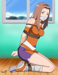 Rule 34 | absurdres, arms behind back, bdsm, bondage, bound, bound ankles, bound arms, bound wrists, breasts, brown eyes, brown hair, cloth gag, digimon, digimon adventure tri., gag, gagged, highres, improvised gag, legs, looking at viewer, medium breasts, over the mouth gag, shadow xcp, tachikawa mimi, thighs