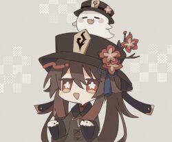 Rule 34 | 1girl, black headwear, black jacket, blush stickers, boo tao (genshin impact), brown hair, chibi, commentary request, flower, genshin impact, ghost pose, grey background, hair between eyes, hands up, hat, hat flower, hat ornament, hu tao (genshin impact), jacket, jewelry, long hair, long sleeves, open mouth, plum blossoms, red eyes, ring, smile, symbol-shaped pupils, tassel, upper body, yann7478