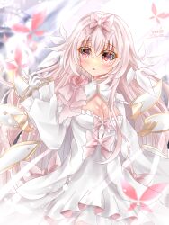 1girl :o absurdres arcaea bow breasts cleavage commentary_request detached_wings dress flower gloves highres hikari_(arcaea) hikari_(fatalis)_(arcaea) hyakumensou_ms_rs4-x long_sleeves mechanical_wings medium_breasts pink_bow pink_eyes pink_flower pink_hair pink_rose rose sidelocks solo white_dress white_gloves wide_sleeves wings