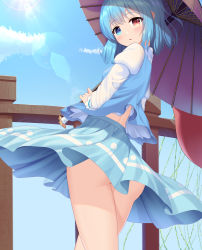 Rule 34 | 1girl, :o, ass, back, blue eyes, blue hair, blue skirt, blue vest, blush, cloud, commentary request, commission, contrapposto, cowboy shot, day, gluteal fold, heterochromia, highres, holding, holding umbrella, juliet sleeves, karakasa obake, legs, lens flare, long sleeves, looking at viewer, looking back, nearoul kishi, outdoors, parted lips, pixiv commission, puffy sleeves, purple umbrella, railing, red eyes, shirt, short hair, skirt, sky, solo, standing, sunlight, tatara kogasa, thighs, touhou, umbrella, vest, white shirt, wind, wind lift