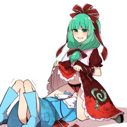 Rule 34 | 13o, 2girls, arm ribbon, blue footwear, blue hair, blue skirt, boots, bow, dress, frilled dress, frilled ribbon, frills, front ponytail, green eyes, green hair, hair bow, hair ribbon, highres, kagiyama hina, kawashiro nitori, lifted by self, looking at another, looking up, multiple girls, paid reward, panties, puffy short sleeves, puffy sleeves, red bow, red panties, red ribbon, ribbon, short sleeves, simple background, sitting, sitting on face, sitting on person, skirt, smile, third-party source, touhou, underwear, white background, yuri