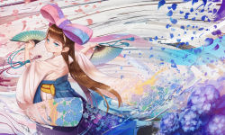 Rule 34 | 10s, 1girl, anne (wixoss), blue eyes, blunt bangs, blush, bow, brown hair, commentary request, floral print, flower, folding fan, from behind, hair bow, hand fan, highres, holding, holding fan, japanese clothes, kimono, long hair, looking at viewer, looking back, mole, mole under eye, open mouth, paper fan, parted lips, petals, pink kimono, sash, shamonabe, solo, standing, very long hair, water, wide sleeves, wixoss