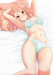 Rule 34 | 1girl, armpits, arms up, bed sheet, blush, breasts, cyde, feet out of frame, highres, hojo karen, idolmaster, idolmaster cinderella girls, looking at viewer, lying, medium breasts, navel, nose blush, on back, orange hair, solo, underwear, underwear only