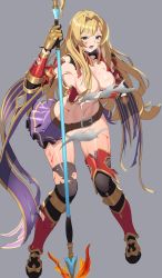 Rule 34 | absurdres, armor, bad id, bad pixiv id, bikini armor, black thighhighs, blonde hair, blue eyes, breasts, cleavage, cuts, granblue fantasy, grey background, hair down, hair intakes, highres, injury, large breasts, navel, polearm, solo, thighhighs, torn clothes, wangjook (wj), weapon, zeta (granblue fantasy)