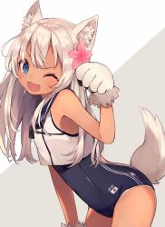 Rule 34 | 10s, 1girl, ;d, animal ear fluff, animal ears, animal hands, blue eyes, blush, crop top, flower, gloves, hair flower, hair ornament, kantai collection, kemonomimi mode, long hair, looking at viewer, one-piece swimsuit, one eye closed, open mouth, paw gloves, paw pose, revision, ro-500 (kancolle), sailor collar, school swimsuit, shugao, simple background, smile, solo, swimsuit, swimsuit under clothes, tail, tan, tanline, wolf ears, wolf tail