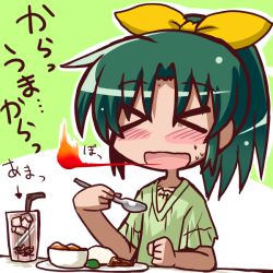 Rule 34 | &gt; &lt;, 10s, 1girl, :d, breath weapon, breathing fire, closed eyes, drink, fire, food, green hair, green shirt, ikkyuu, long hair, midorikawa nao, open mouth, ponytail, precure, shirt, smile, smile precure!, solo, spoon, translation request, xd