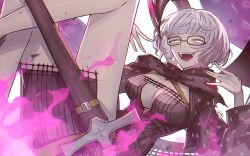 Rule 34 | 1girl, black dress, breasts, dress, evil smile, fate/grand order, fate (series), fire, glasses, grey hair, highres, jacques de molay (foreigner) (fate), medium breasts, purple fire, sheath, shityu, signature, smile, sword, weapon, yellow eyes