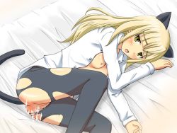 Rule 34 | 1girl, aftersex, animal ears, bad id, bad pixiv id, blonde hair, blood, blush, cat ears, cat tail, censored, cum, cum in pussy, defloration, mosaic censoring, pantyhose, perrine h. clostermann, solo, strike witches, tail, torn clothes, torn pantyhose, world witches series