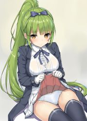Rule 34 | 1girl, azur lane, black jacket, black thighhighs, blue panties, bow, brown eyes, closed mouth, clothes lift, collared shirt, commentary request, gloves, green hair, hair bow, highres, jacket, lifted by self, long hair, long sleeves, looking at viewer, miniskirt, neck ribbon, open clothes, open jacket, panties, panties day, pleated skirt, ponytail, ribbon, shirt, shropshire (azur lane), sidelocks, sitting, skirt, skirt lift, solo, takayaki, thighhighs, thighs, underwear, very long hair, white gloves, white shirt, white skirt, wing collar