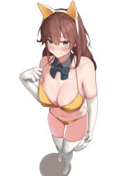 Rule 34 | 1girl, absurdres, alternate costume, animal ears, bikini, braid, breasts, brown hair, cat ears, cat tail, commission, detached collar, elbow gloves, fake animal ears, fake tail, from above, gloves, green eyes, hairband, highres, kantai collection, large breasts, long hair, navel, noshiro (kancolle), sing152, skeb commission, solo, standing, swept bangs, swimsuit, tail, thighhighs, twin braids, white gloves, white hairband, white thighhighs, yellow bikini