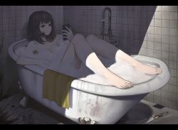 Rule 34 | 1girl, 1other, barefoot, bath, bathing, bathtub, black hair, blood, blood on face, breasts, cellphone, claw foot bathtub, closed mouth, commentary request, corpse, drain (object), highres, holding, holding phone, jchoy, medium breasts, nude, original, partially submerged, phone, tile wall, tiles, towel