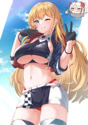 Rule 34 | 2girls, ;), absurdres, azur lane, black gloves, black jacket, blonde hair, blue eyes, blue sky, blush, breasts, chibi, chibi inset, closed mouth, clothing cutout, cloud, commentary request, commission, cosplay, crop top, cropped jacket, gloves, hairband, half gloves, heart, highres, jacket, large breasts, long hair, looking at viewer, moyoron, multiple girls, navel, north carolina (azur lane), official alternate costume, one eye closed, panties, prinz eugen (azur lane), prinz eugen (azur lane) (cosplay), prinz eugen (final lap) (azur lane), race queen, red panties, skeb commission, skirt, sky, smile, solo focus, sparkle, standing, stomach, thumbs up, underboob, underboob cutout, underwear, very long hair, white background, white hairband, white skirt