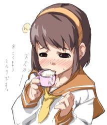 Rule 34 | 1boy, 4shi, blush, brown hair, crossdressing, cum, cum in container, cum in cup, cup, drinking, gokkun, hairband, holding, holding cup, male focus, school uniform, solo, trap, white background