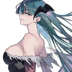 1girl absurdres bare_shoulders breasts darkstalkers demon_girl demon_wings green_eyes green_hair head_wings highres large_breasts long_hair looking_at_viewer morrigan_aensland shoulder_blades simple_background smile solo upper_body white_background wings zeon_(zzeeonn)