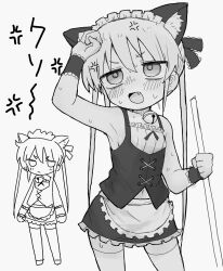 Rule 34 | 1girl, alternate costume, anger vein, angry, animal ears, apron, arm up, bags under eyes, bell, blush, broom, cat ears, cowboy shot, doodle inset, dovepopon, enmaided, fake animal ears, fang, frown, glaring, greyscale, hair ribbon, half-closed eyes, highres, holding, holding broom, jingle bell, kill me baby, looking ahead, maid, maid headdress, miniskirt, monochrome, multiple views, navel, neck bell, open mouth, ribbon, shirt, simple background, skirt, sleeveless, sleeveless shirt, sonya (kill me baby), standing, thighhighs, translation request, twintails, underbust, v-shaped eyebrows, vest, waist apron, wrist cuffs