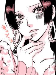 Rule 34 | 1girl, black hair, boa hancock, earrings, female focus, heart, highres, jewelry, looking at viewer, monochrome, one piece, simple background, solo