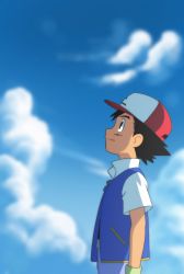 Rule 34 | 1boy, ash ketchum, baseball cap, belt buckle, black eyes, black hair, buckle, closed mouth, cloud, commentary request, creatures (company), day, from side, game freak, gloves, green gloves, hat, highres, ia (ilwmael9), jacket, looking up, male focus, nintendo, outdoors, pants, pokemon, pokemon (anime), pokemon (classic anime), short hair, short sleeves, sky, solo