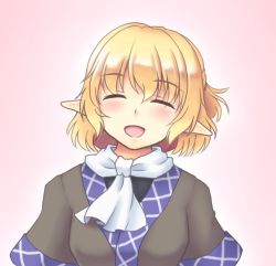 Rule 34 | 1girl, blonde hair, blush, facing viewer, gradient background, happy, isaki (gomi), leaning, mizuhashi parsee, open mouth, pink background, pointy ears, scarf, short hair, short sleeves, smile, solo, touhou, vest, white scarf