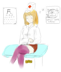 Rule 34 | blonde hair, cacodemon, charcola, closed eyes, copyright name, crossed legs, doom (series), eye chart, hat, highres, nurse, nurse cap, partially colored, personification, pink legwear, poster (medium), poster (object), sign, sitting, sketch, sleeping, stimpack-tan, thighhighs, zettai ryouiki, zzz