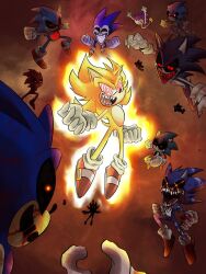 Rule 34 | 6+boys, black sclera, blood, blood on face, claws, colored sclera, fighting, fleetway super sonic, gloves, highres, im lazy sheck lol, looking down, looking up, majin sonic, multiple boys, open mouth, pentagram, sharp teeth, smile, sonic.exe, sonic: execution (comic), sonic (series), sonic the comic, sonic the hedgehog, super sonic, teeth, tongue, white gloves