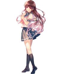Rule 34 | 1girl, black socks, blush, brown hair, character request, chunithm, closed mouth, fingernails, full body, grey skirt, hair ornament, highres, kneepits, long hair, looking at viewer, mary janes, misaki kurehito, mishima haruna, neckerchief, official art, pleated skirt, red eyes, red neckerchief, sailor collar, school uniform, serafuku, shiny skin, shoes, short sleeves, skirt, smile, socks, solo, standing, transparent background