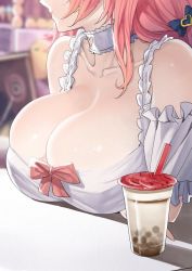 Rule 34 | 1girl, azur lane, bare shoulders, breast rest, breasts, bubble tea, cleavage, collar, crossed arms, detached sleeves, hair ribbon, large breasts, long hair, looking to the side, neck ruff, official alternate costume, ootani nonno, pink hair, princeton (azur lane), princeton (lolipop paradise) (azur lane), ribbon, sitting