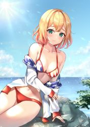 Rule 34 | 1girl, absurdres, american flag bikini, arm support, bare shoulders, bikini, blonde hair, blush, breasts, cleavage, closed mouth, collarbone, commentary request, crossed bangs, day, flag print, green eyes, hair between eyes, hand up, highres, horizon, jacket, kanojo okarishimasu, legs together, long sleeves, looking at viewer, medium breasts, mizukanayuki, nanami mami, navel, ocean, off shoulder, open clothes, open jacket, outdoors, raised eyebrows, red bikini, short hair, sleeves past wrists, solo, sparkle, sun, swimsuit, thighs, white jacket
