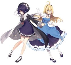 Rule 34 | 2girls, ahoge, arm up, bare legs, black footwear, black hairband, black hat, black ribbon, blonde hair, blue dress, blue eyes, breasts, coat, commentary request, crescent, crescent pin, dress, frilled sleeves, frills, full body, gloves, hair over one eye, hairband, hat, high heels, jewelry, layered dress, long sleeves, looking at viewer, medium breasts, multiple girls, neck ribbon, necklace, necomi, open clothes, open coat, original, outstretched arm, pantyhose, pendant, purple dress, purple hair, red eyes, ribbon, sailor collar, sailor dress, short hair, simple background, skirt hold, sparkle print, v, virtual youtuber, white background, white gloves, white legwear, white sailor collar