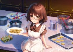 Rule 34 | 1girl, apron, arm support, blush, breasts, brown-framed eyewear, brown eyes, brown hair, closed mouth, commission, cookie, egg, food, glasses, highres, holding, holding plate, looking at viewer, medium breasts, mixing bowl, murmoruno, original, plate, semi-rimless eyewear, short hair, short sleeves, sitting, smile, solo, spatula, under-rim eyewear, whisk, white apron