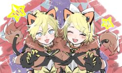 Rule 34 | 1boy, 1girl, animal ears, black gloves, black neckerchief, blonde hair, blue eyes, boku (user vppr4885), bow, claw pose, closed eyes, collar, curtains, eyebrows hidden by hair, facial mark, facing viewer, fang, fur-trimmed sleeves, fur collar, fur trim, gloves, hair between eyes, hair bow, kagamine len, kagamine rin, leaning forward, lion boy, lion ears, lion girl, lion tail, looking at viewer, magical mirai (vocaloid), magical mirai len, magical mirai len (2019), magical mirai rin, magical mirai rin (2019), mechanical ears, neckerchief, open mouth, parted bangs, short hair, star (symbol), string of flags, tail, two-tone gloves, upper body, vocaloid, white bow, yellow gloves