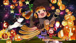 Rule 34 | + +, black dress, broom, broom riding, candle, dog, dress, full body, halloween, hat, headphones, highres, long sleeves, mushroom, official art, open mouth, pumpkin, smile, star (sky), star (symbol), technictix, tree, witch hat