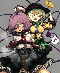 2girls absurdres black_hat black_skirt blouse center_frills cowboy_shot floral_print frilled_skirt frills green_eyes green_hair green_skirt grey_background hair_over_one_eye hat highres komeiji_koishi long_sleeves multiple_girls musical_note nagae_iku open_mouth peeing piaki pink_hair print_skirt rose_print ryona shirt simple_background skirt spoken_musical_note strangling teeth third_eye touhou upper_teeth_only wet wet_clothes white_shirt yellow_shirt