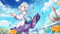 Rule 34 | 1girl, :o, animal, apple caramel, blue sky, braid, bug, building, butterfly, cloud, commentary request, copyright request, day, flower, frilled skirt, frills, grey hair, highres, insect, long hair, long sleeves, looking at viewer, low twintails, outdoors, parted lips, purple eyes, purple skirt, railing, shirt, skirt, sky, solo, tower, twin braids, twintails, very long hair, white shirt, wide sleeves, yellow flower