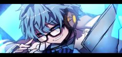 Rule 34 | 10s, 1boy, absurdres, bad id, bad twitter id, black-framed eyewear, blue bow, blue bowtie, blue eyes, blue hair, bow, bowtie, commentary request, fate/extra, fate/extra ccc, fate (series), glasses, glowing, grin, hair between eyes, hans christian andersen (fate), headphones, highres, lab coat, letterboxed, long sleeves, looking at viewer, male focus, protected link, smile, solo, striped, vertical stripes, wada kazu