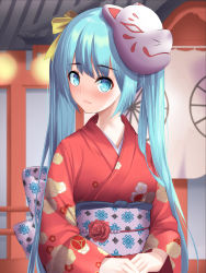 Rule 34 | 1girl, absurdres, architecture, blue eyes, blue hair, blush, bow, cloud print, east asian architecture, flower, fox mask, hatsune miku, head tilt, highres, japanese clothes, kimono, long hair, looking at viewer, mask, obi, own hands together, puto (put to ), red kimono, rose, sash, solo, turning head, twintails, very long hair, vocaloid, yellow bow